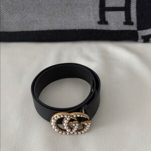 Gucci Black Belt with Gold Pearl Embellished Buckle